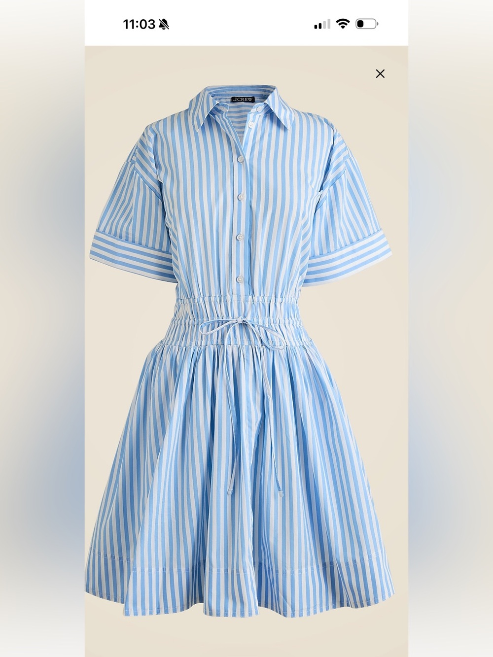 J. Crew Light Blue & White Striped Button-Front Drawstring Waist Dress